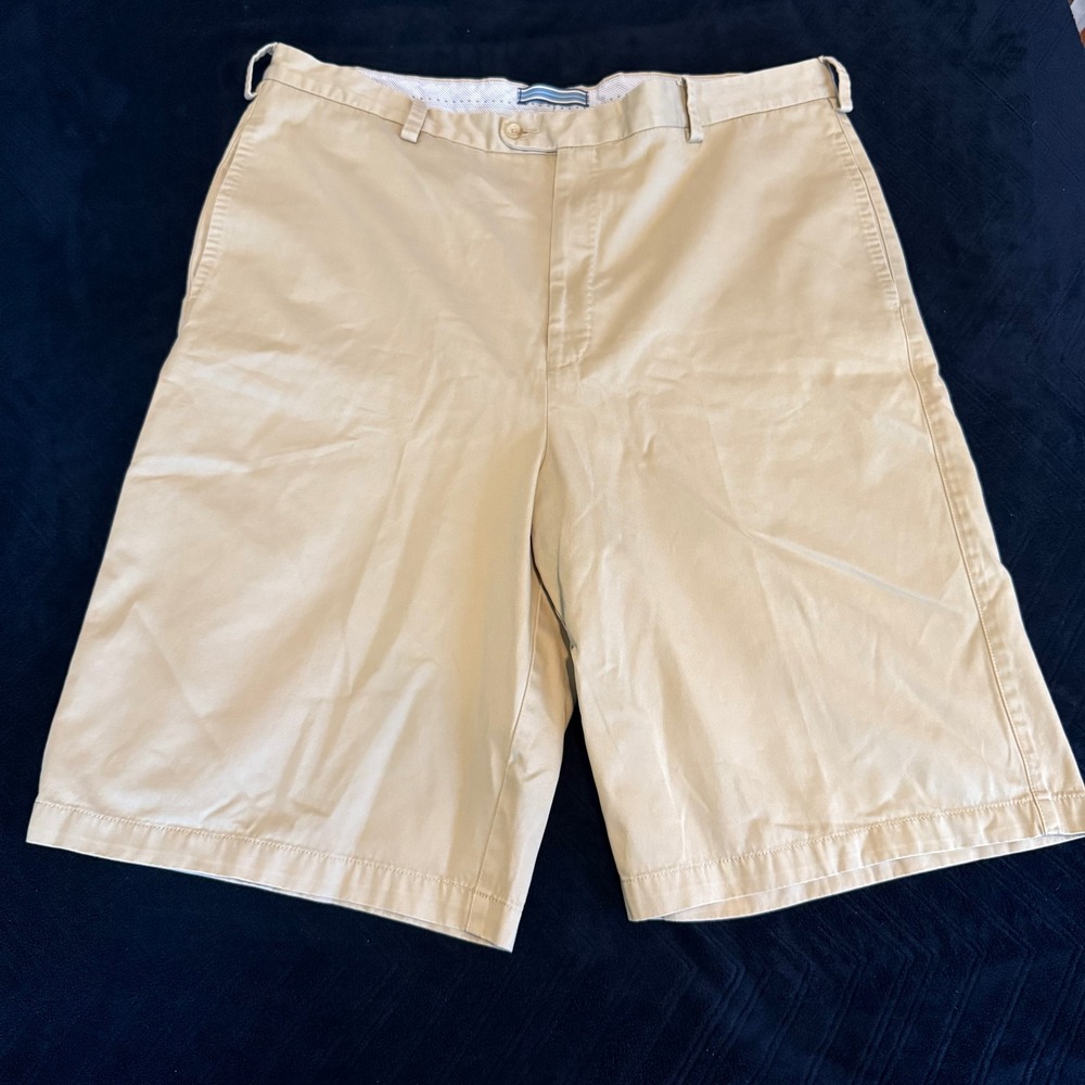 Peter Millar Mens Khaki Pima Cotton Chino Shorts Beige Flat Front Size 40/12‎